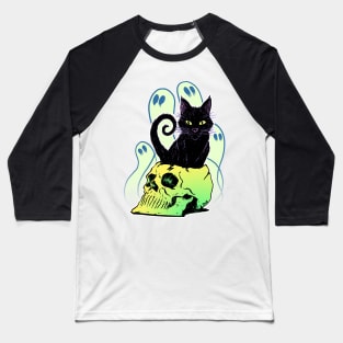 Skull Cat with Ghosts Baseball T-Shirt